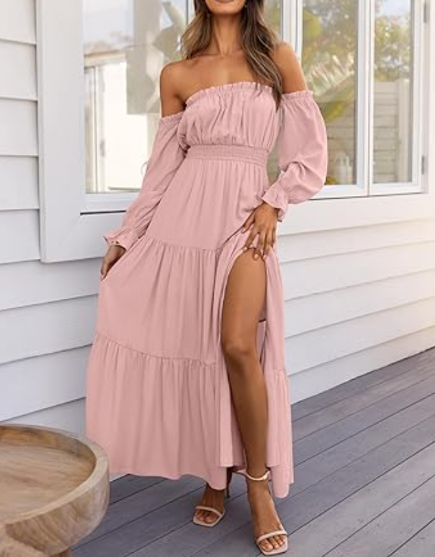 ZESICA Women's Boho Sexy Off Shoulder Long Sleeve Smocked High Waist Dress, XL