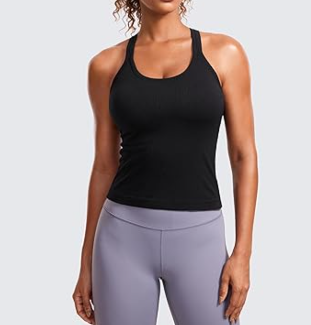 CRZ YOGA Seamless Ribbed Women Tank Top Racerback Camisoles with Built in Bra, S