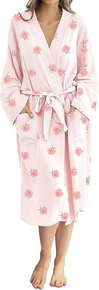 Women's Robe, Lightweight Soft Seersucker Kimono Bathrobe Nursing Loungewear, M
