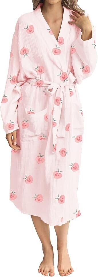 Women's Robe, Lightweight Soft Seersucker Kimono Bathrobe Nursing Loungewear, M