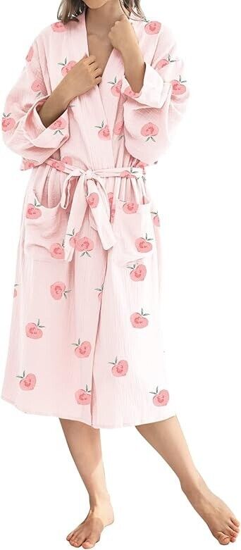 Women's Robe, Lightweight Soft Seersucker Kimono Bathrobe Nursing Loungewear, M