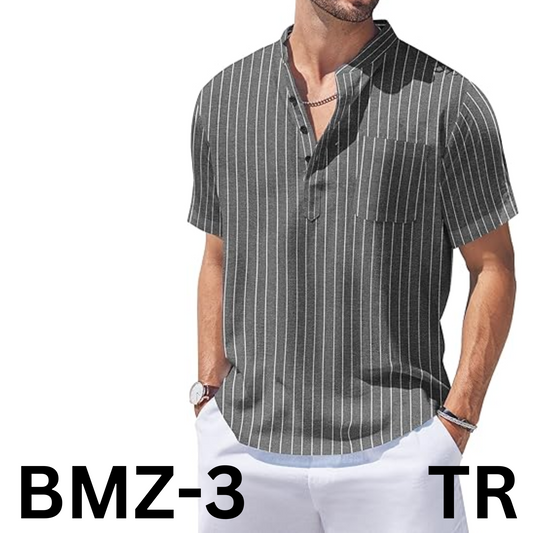 COOFANDY Men's Cotton Linen Henley Shirt Short Sleeve Striped Beach T Shirt, S