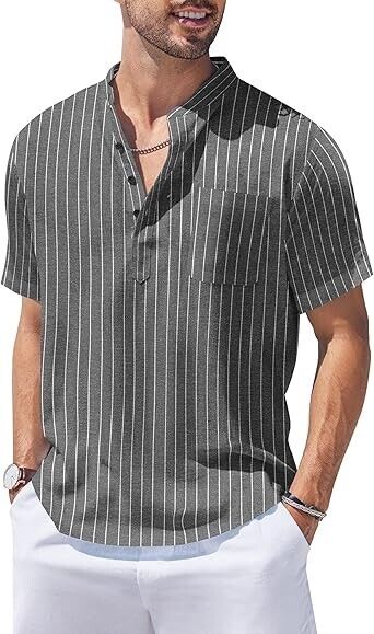 COOFANDY Men's Cotton Linen Henley Shirt Short Sleeve Striped Beach T Shirt, S