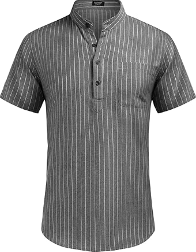 COOFANDY Men's Cotton Linen Henley Shirt Short Sleeve Striped Beach T Shirt, S