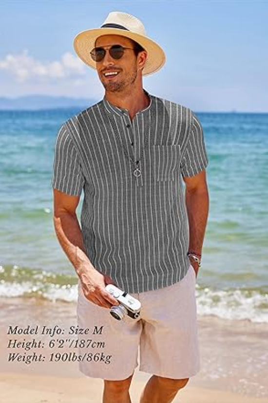 COOFANDY Men's Cotton Linen Henley Shirt Short Sleeve Striped Beach T Shirt, S