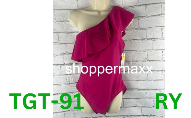Women's Ruffle One Shoulder Full Coverage One Piece Swimsuit, Pink, L