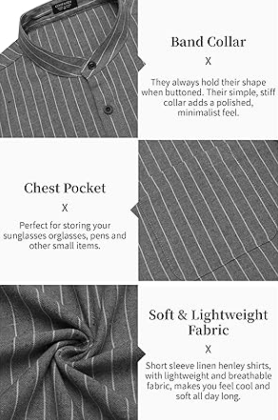 COOFANDY Men's Cotton Linen Henley Shirt Short Sleeve Striped Beach T Shirt, S