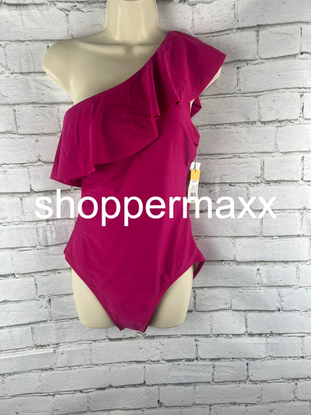 Women's Ruffle One Shoulder Full Coverage One Piece Swimsuit, Pink, L
