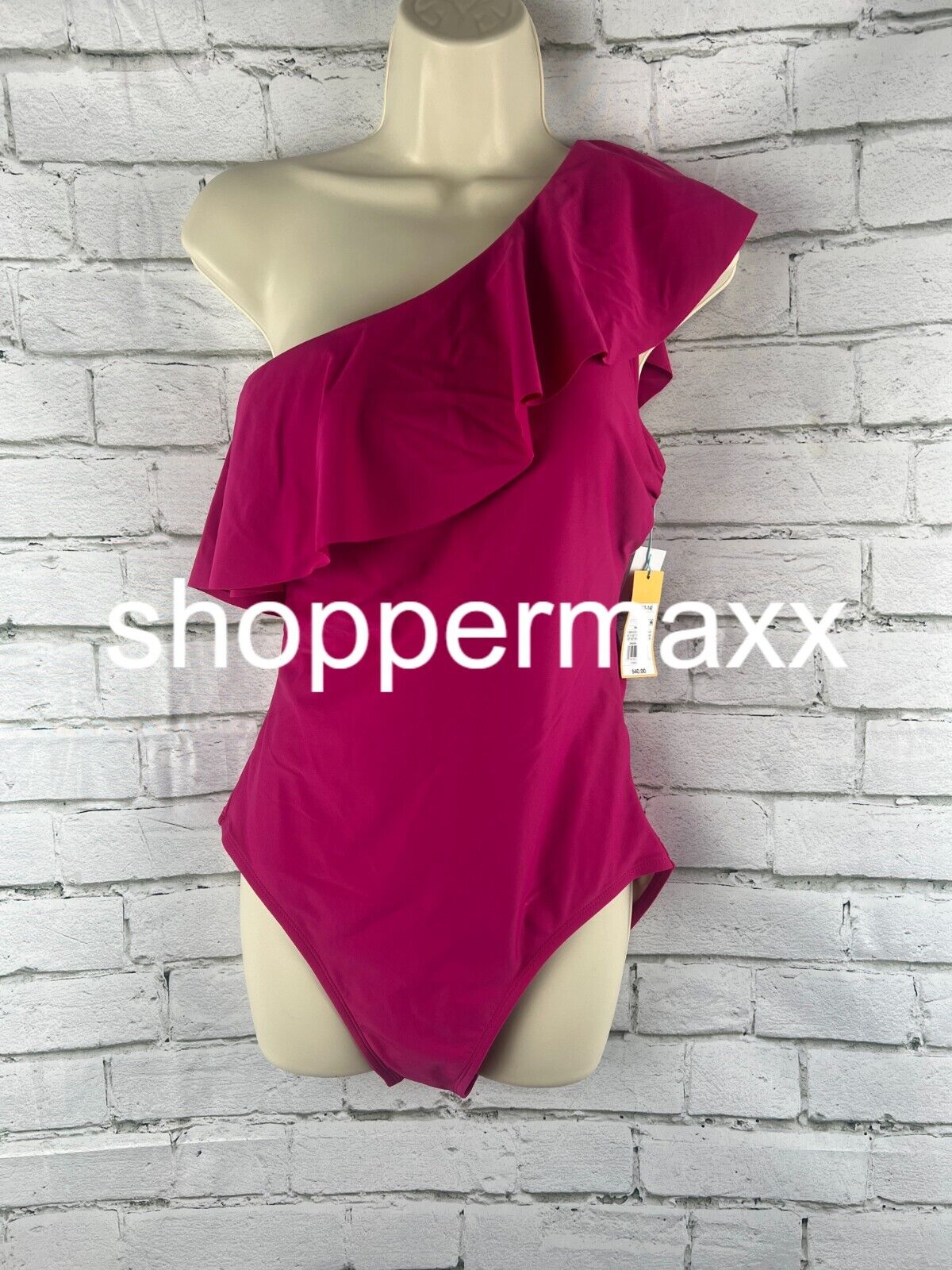 Women's Ruffle One Shoulder Full Coverage One Piece Swimsuit, Pink, L
