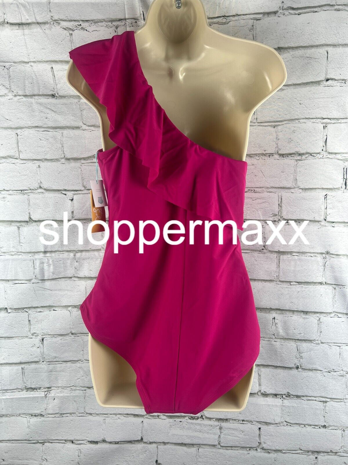 Women's Ruffle One Shoulder Full Coverage One Piece Swimsuit, Pink, L