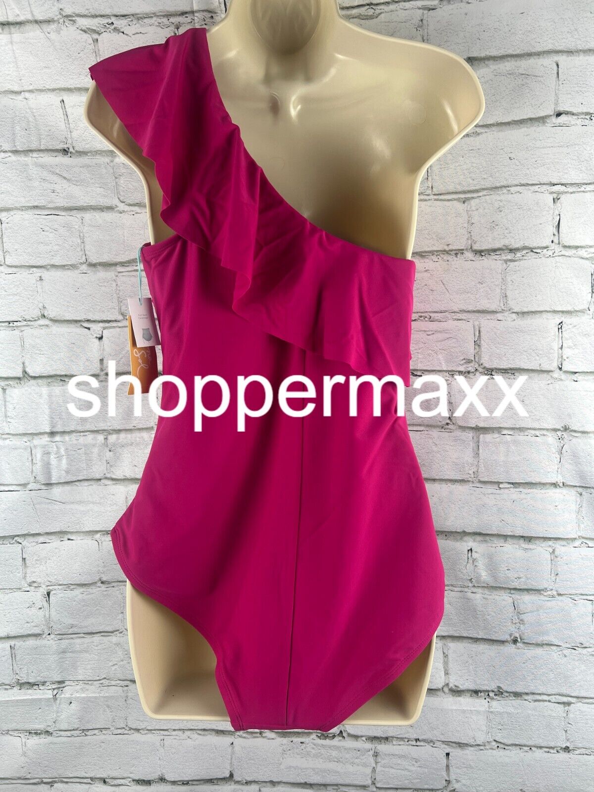 Women's Ruffle One Shoulder Full Coverage One Piece Swimsuit, Pink, L
