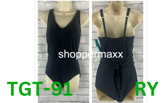 Women's UPF 50 Waist Tie One Piece Swimsuit - Aqua Green, Black, M
