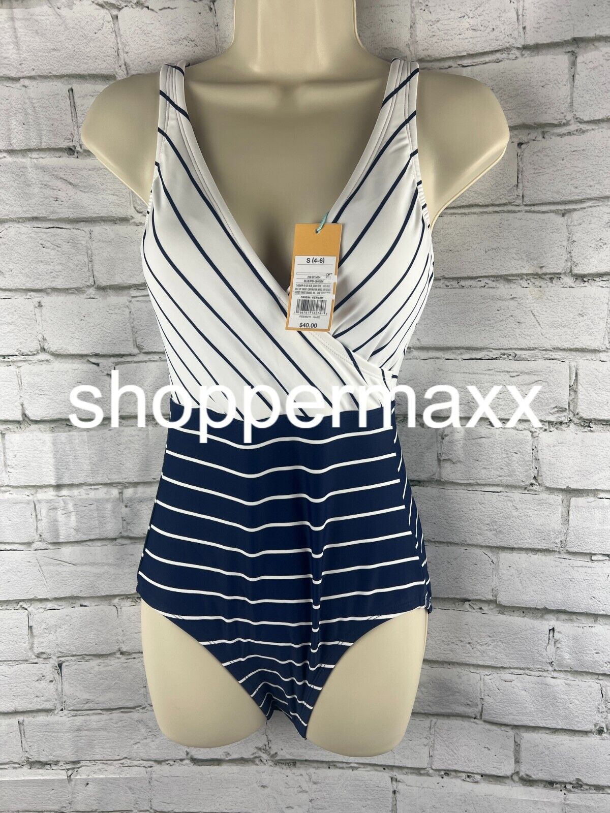 Women's Striped V-Neck Full Coverage One Piece Swimsuit - Kona Sol, Navy Blue, S