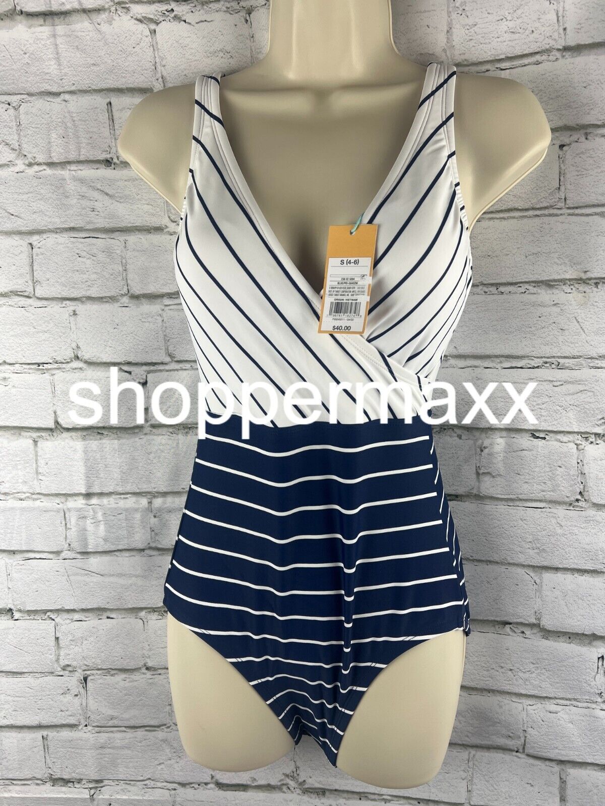 Women's Striped V-Neck Full Coverage One Piece Swimsuit - Kona Sol, Navy Blue, S