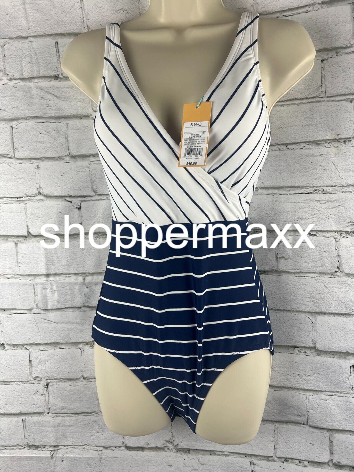 Women's Striped V-Neck Full Coverage One Piece Swimsuit - Kona Sol, Navy Blue, S