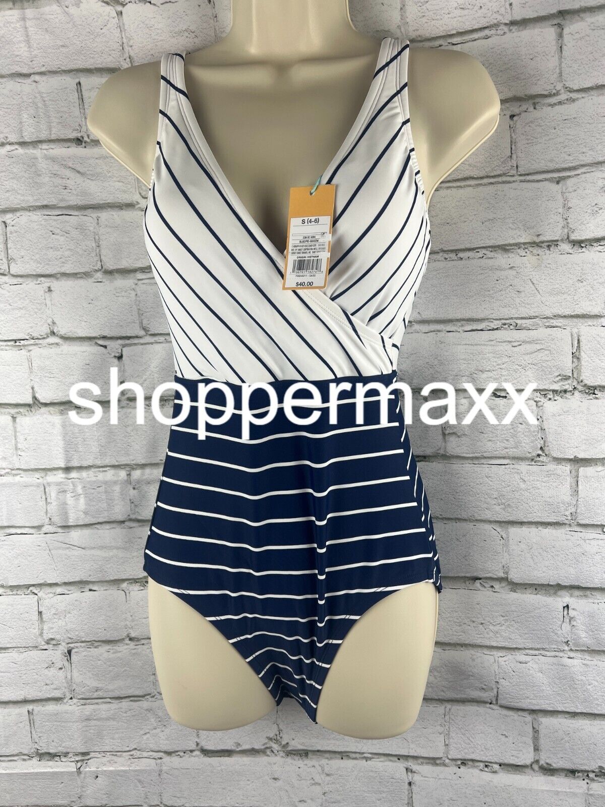 Women's Striped V-Neck Full Coverage One Piece Swimsuit - Kona Sol, Navy Blue, S