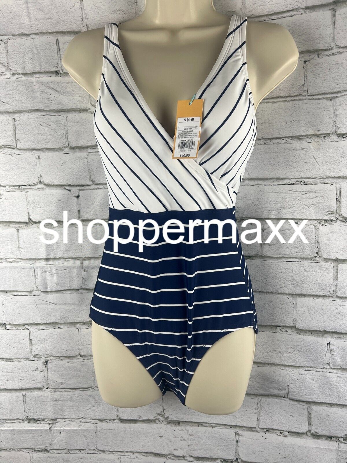 Women's Striped V-Neck Full Coverage One Piece Swimsuit - Kona Sol, Navy Blue, S