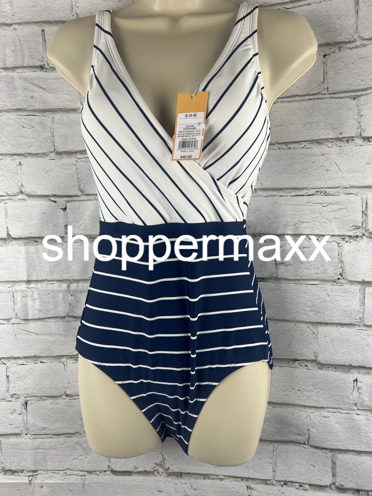 Women's Striped V-Neck Full Coverage One Piece Swimsuit - Kona Sol, Navy Blue, S