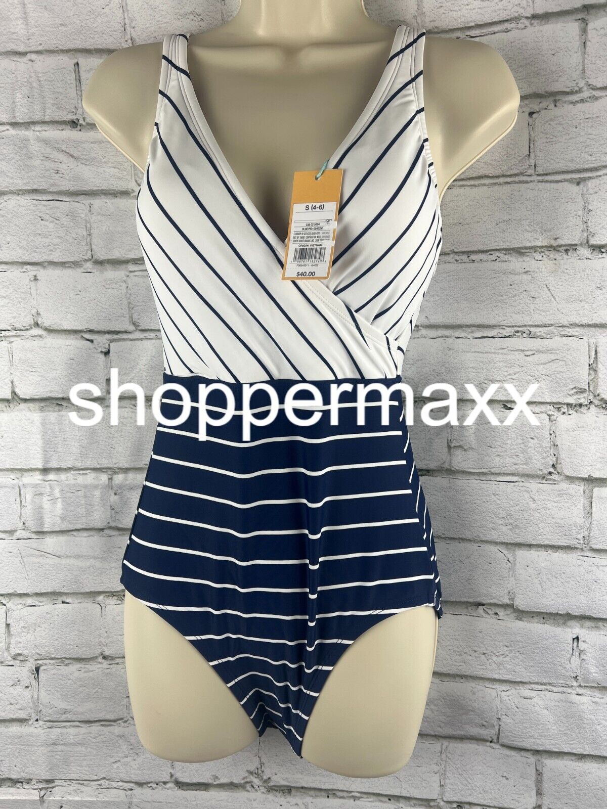 Women's Striped V-Neck Full Coverage One Piece Swimsuit - Kona Sol, Navy Blue, S