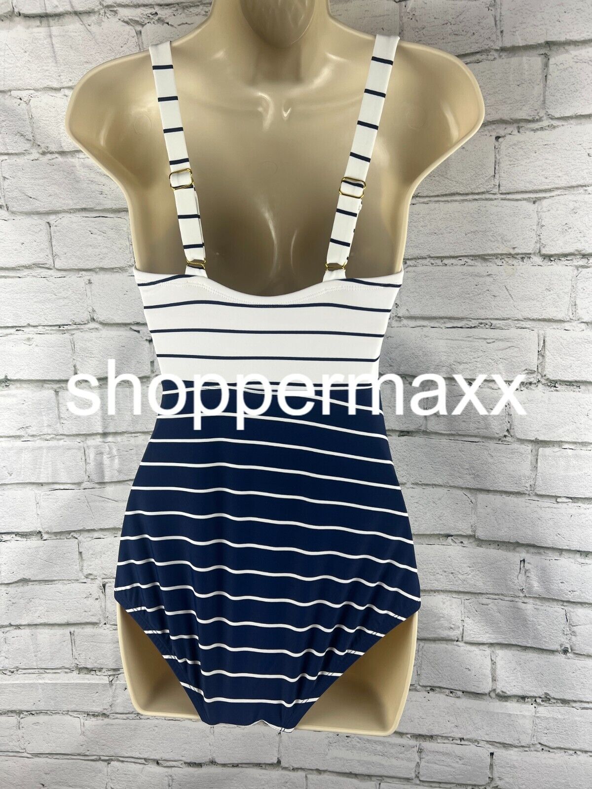 Women's Striped V-Neck Full Coverage One Piece Swimsuit - Kona Sol, Navy Blue, S