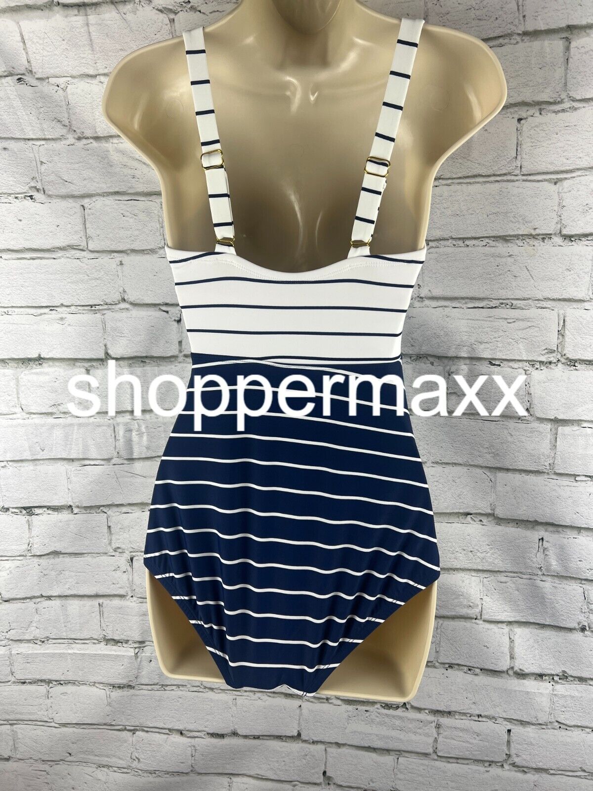Women's Striped V-Neck Full Coverage One Piece Swimsuit - Kona Sol, Navy Blue, S