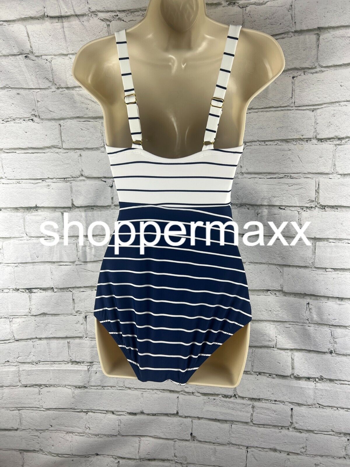 Women's Striped V-Neck Full Coverage One Piece Swimsuit - Kona Sol, Navy Blue, S