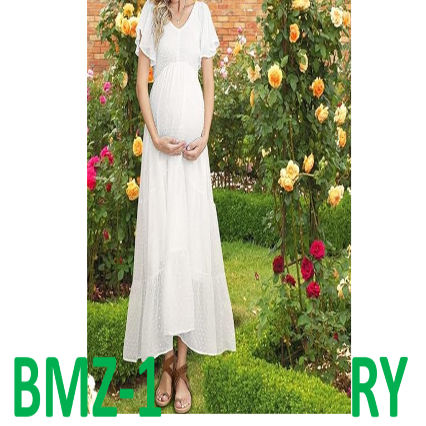 Swiss Dot Smocked Maternity Dress for Baby Shower Casual Summer, WHITE, L