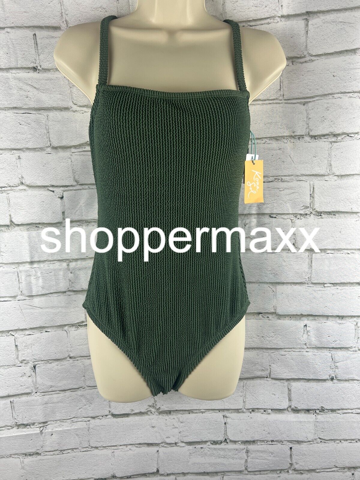 Women's Pucker Textured Square Neck One Piece Swimsuit - Kona Sol, GREEN, M
