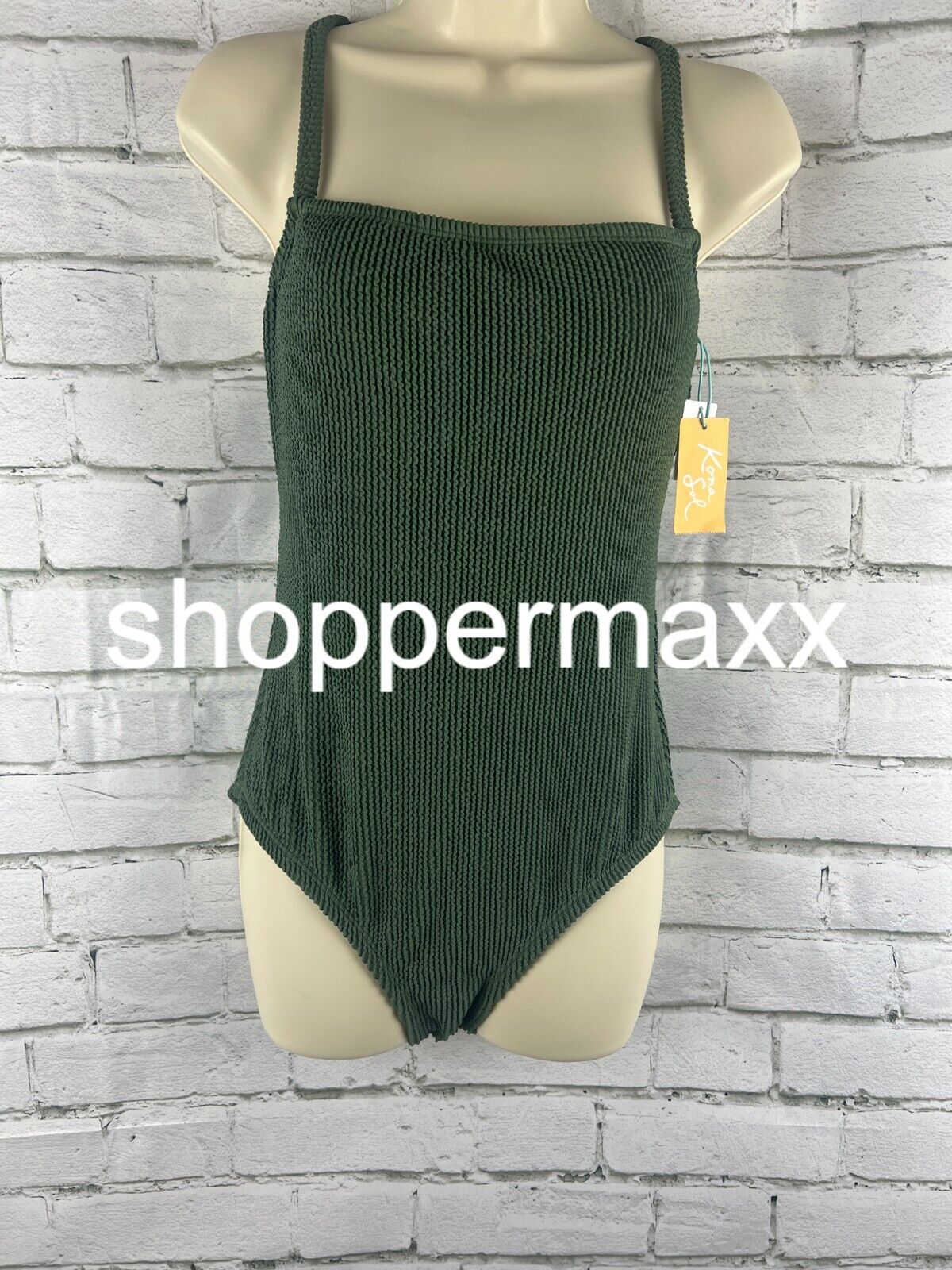 Women's Pucker Textured Square Neck One Piece Swimsuit - Kona Sol, GREEN, M