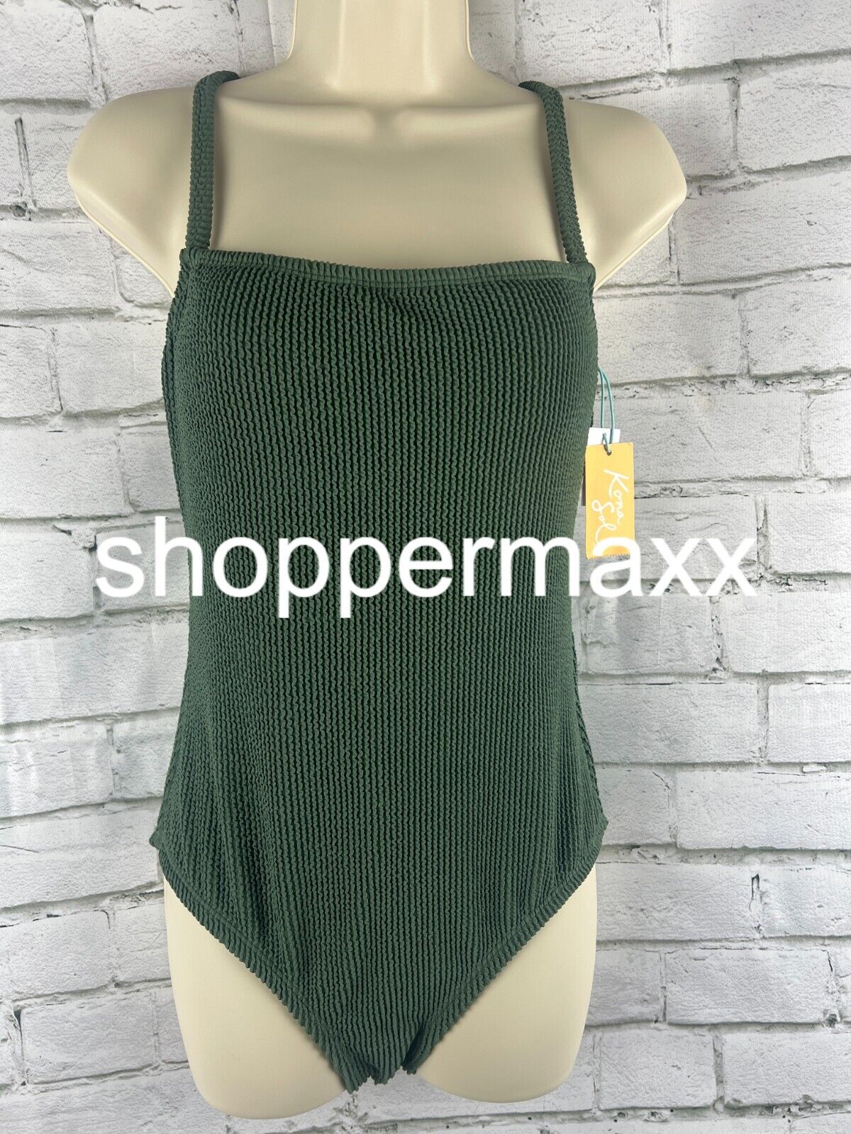 Women's Pucker Textured Square Neck One Piece Swimsuit - Kona Sol, GREEN, M