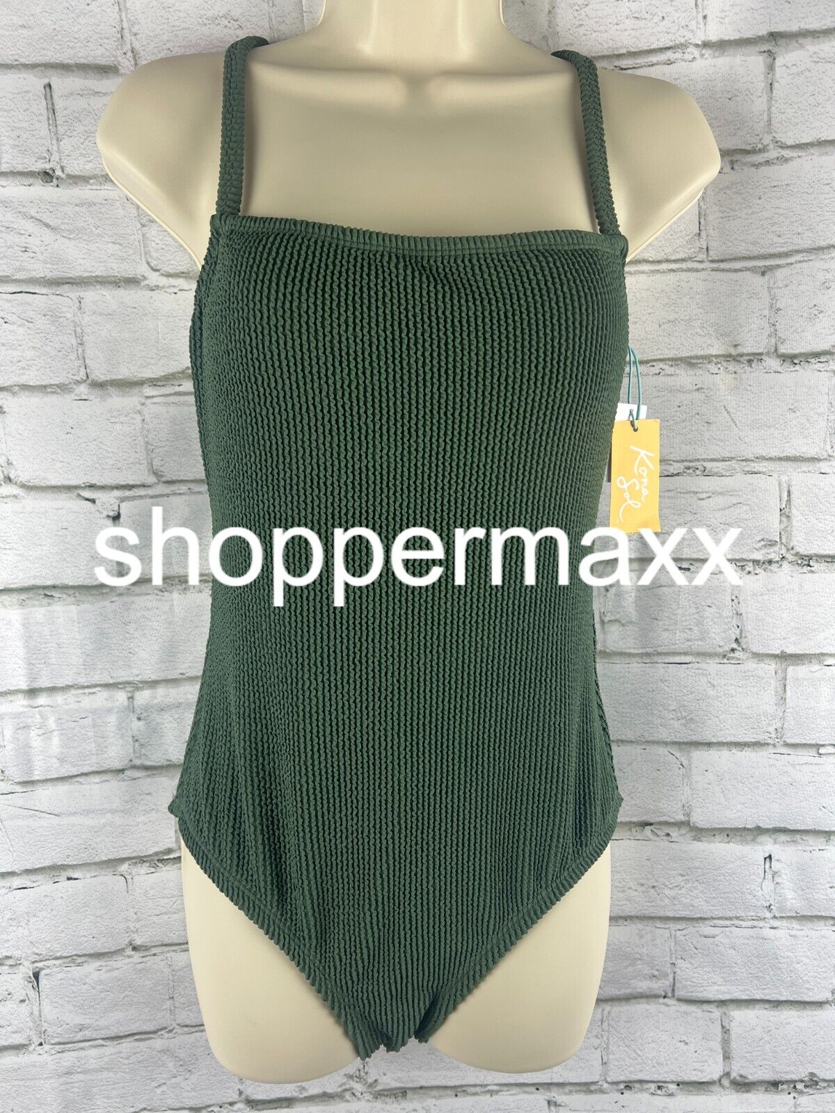 Women's Pucker Textured Square Neck One Piece Swimsuit - Kona Sol, GREEN, M
