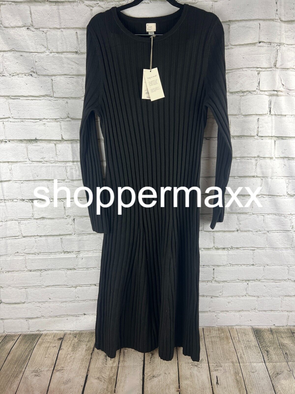 Women's Long Sleeve Midi Ribbed Sweater Dress - A New Day, Black, L