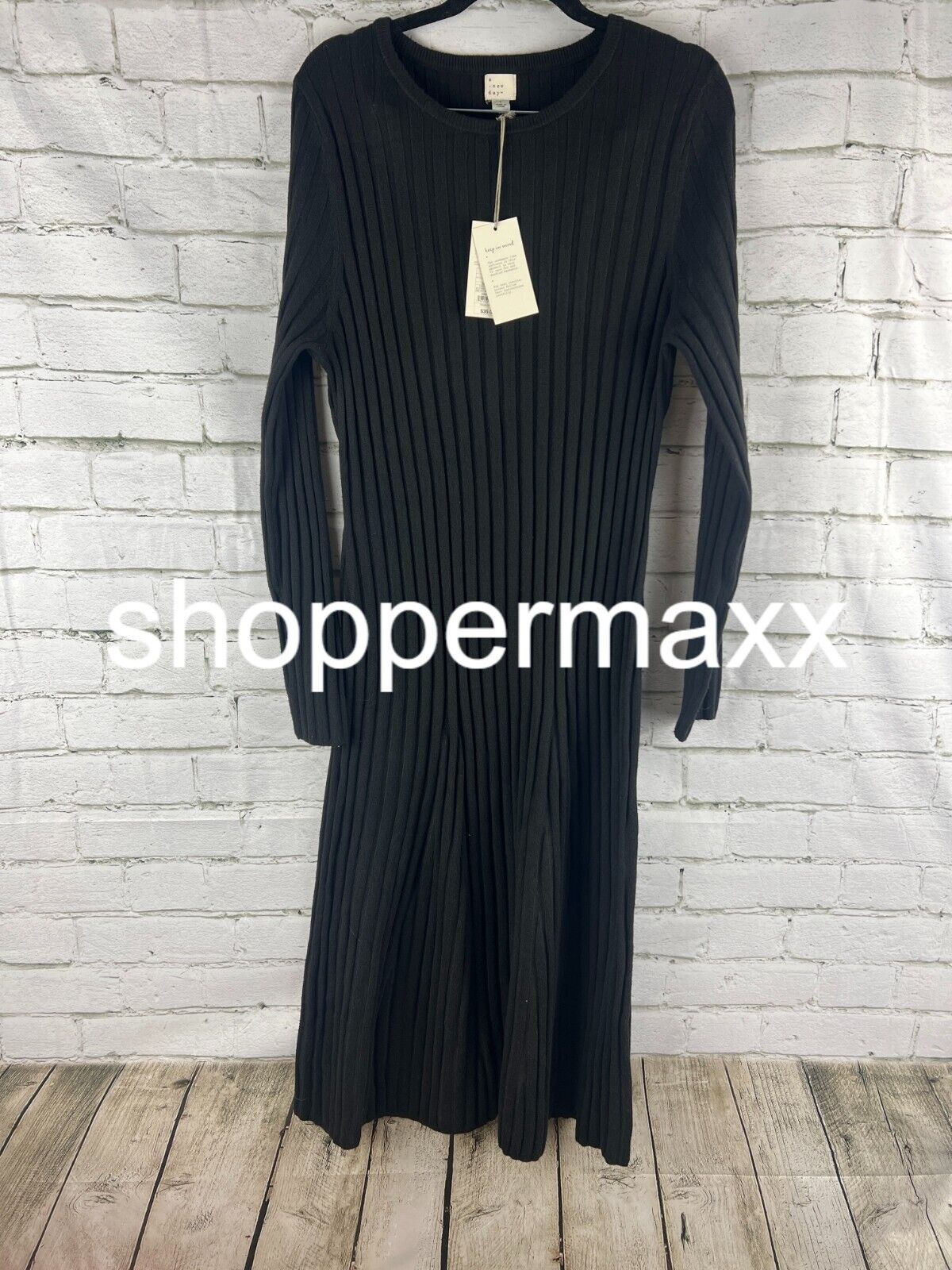 Women's Long Sleeve Midi Ribbed Sweater Dress - A New Day, Black, L