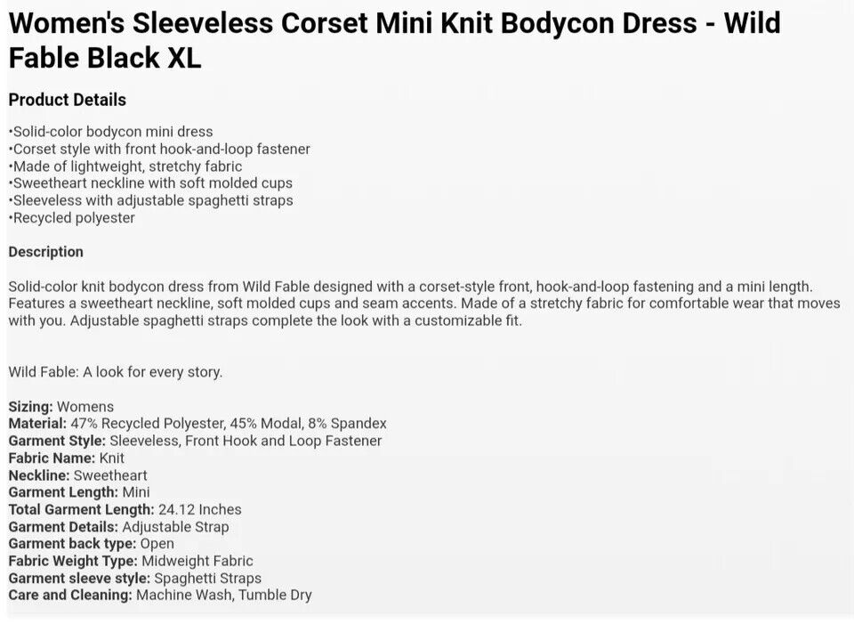 Women's Sleeveless Corset Mini Knit Bodycon Dress - Wild Fable, Black, X-Large
