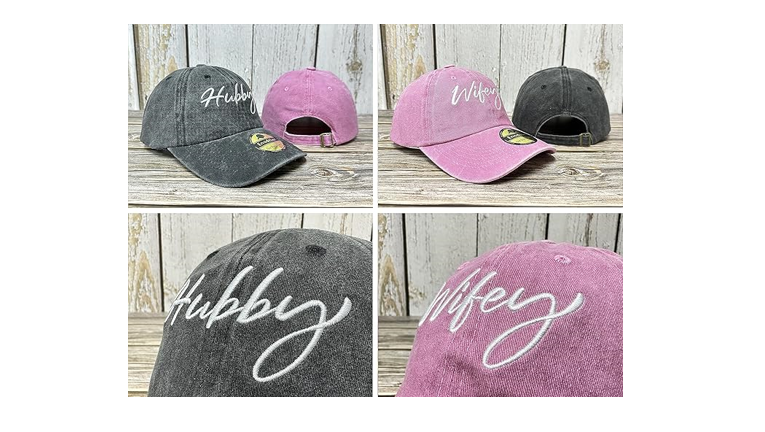 Enodtter Embroidered Matching Hubby Wifey Hats for Couples, Black & Pink
