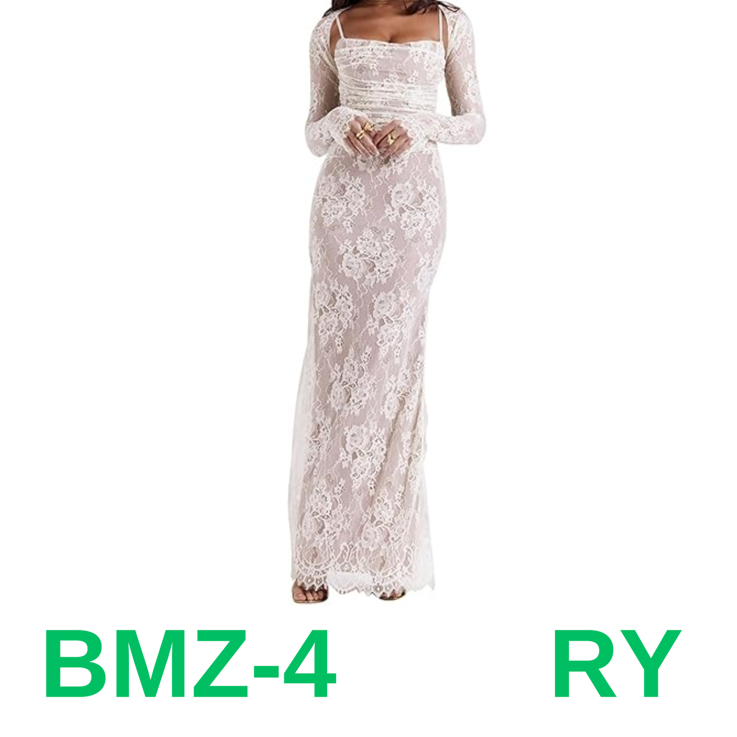 Women Vintage Cream Lace Maxi Dress Romantic Long Sleevees Lace, White, M