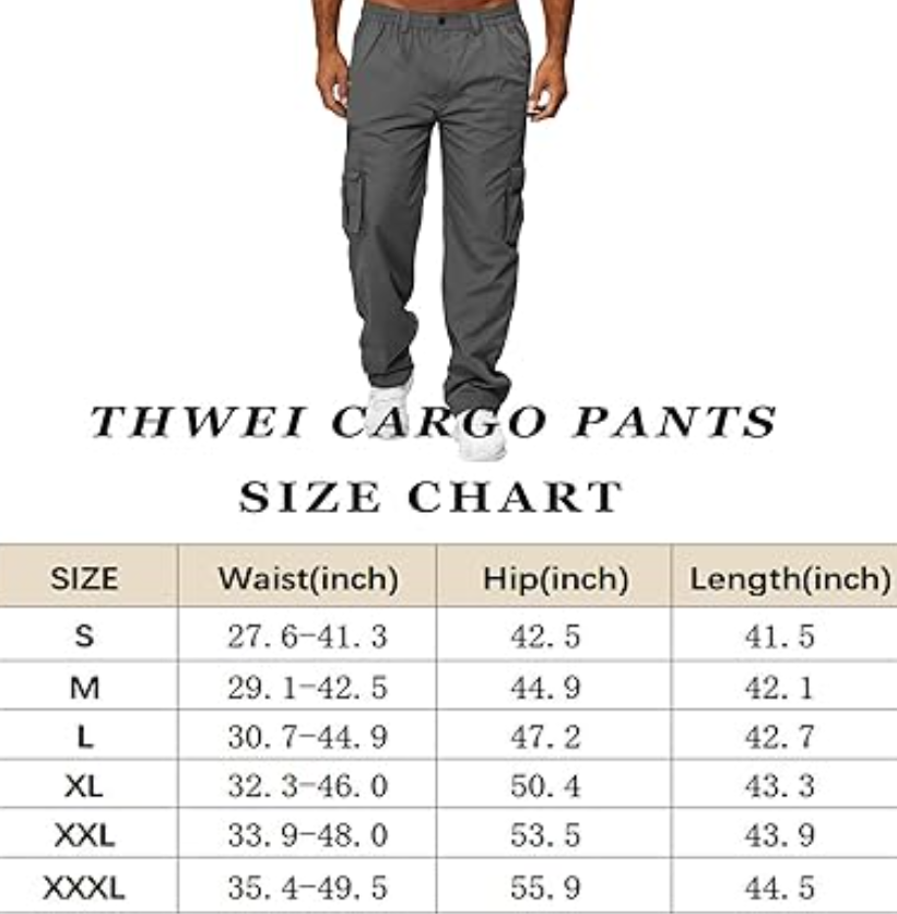 THWEI Men Cargo Pants Casual Cotton Jogger Multi Pockets Outdoor Hiking Pants, M