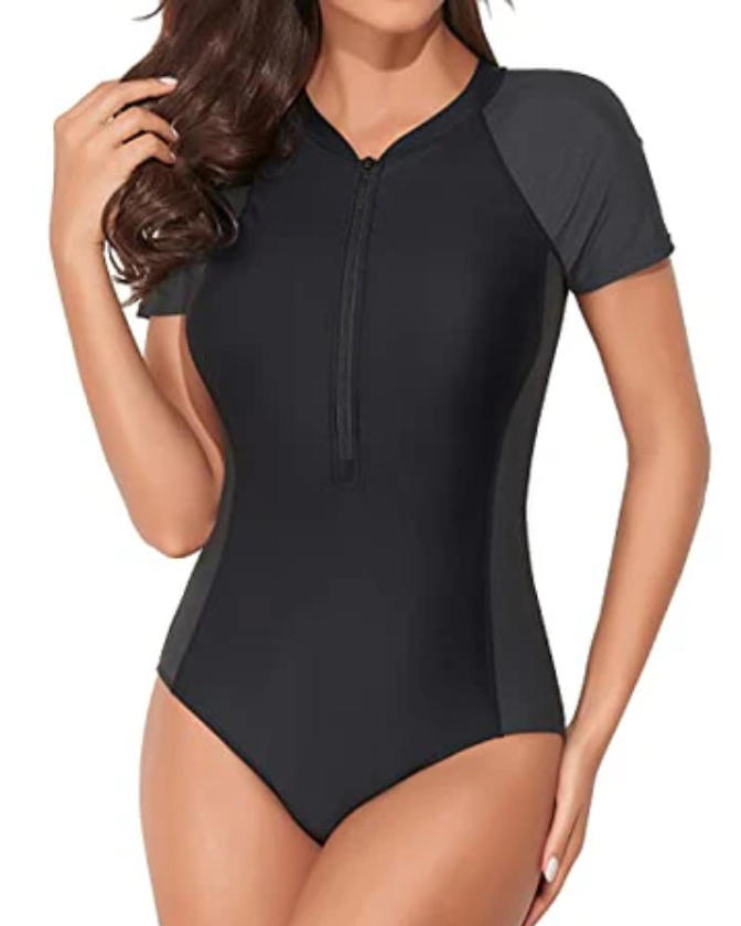 Yonique Women's Rash Guard Short Sleeve Swimsuits 1 Piece Zip Bathing Suit, XXL
