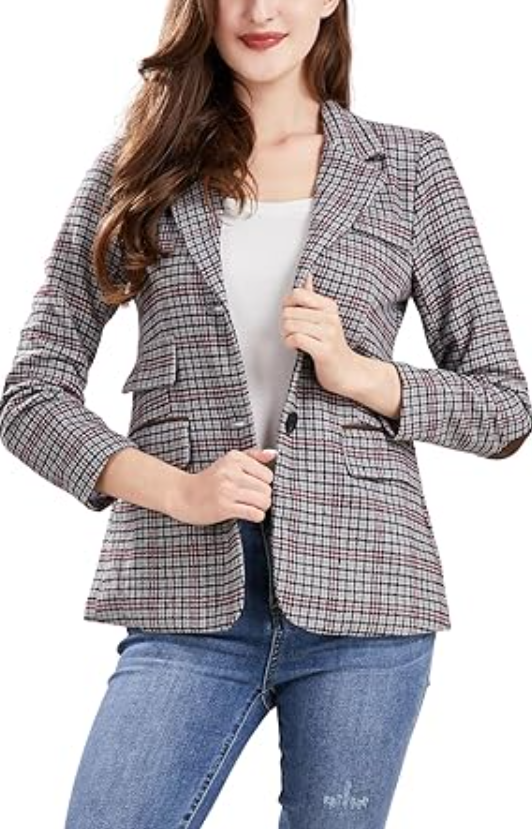 ebossy Women Vintage Nothced Lapel Single Breasted Boyfriend Blazer Suit, Grey M