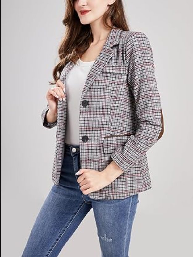 ebossy Women Vintage Nothced Lapel Single Breasted Boyfriend Blazer Suit, Grey M