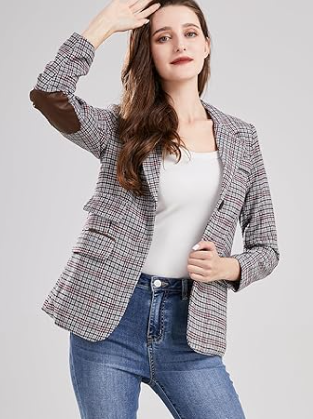 ebossy Women Vintage Nothced Lapel Single Breasted Boyfriend Blazer Suit, Grey M
