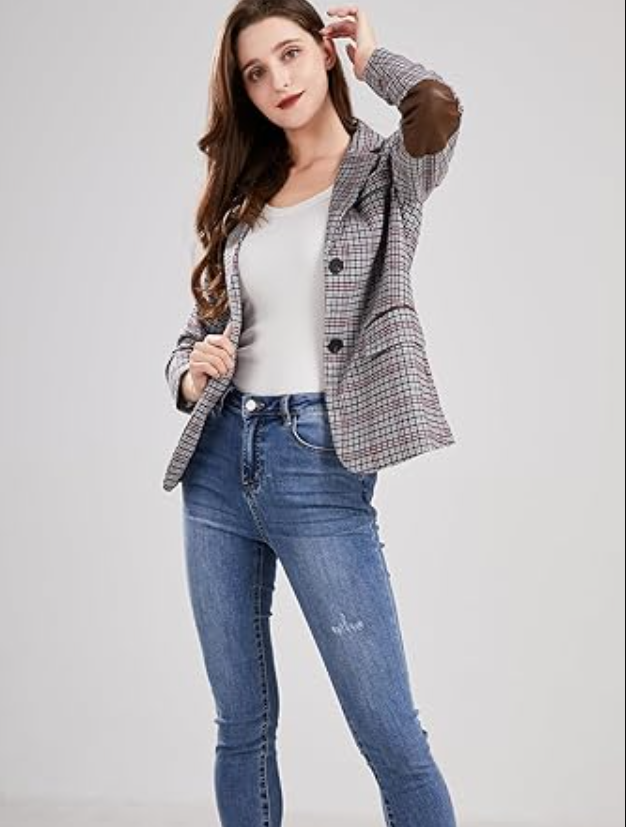 ebossy Women Vintage Nothced Lapel Single Breasted Boyfriend Blazer Suit, Grey M