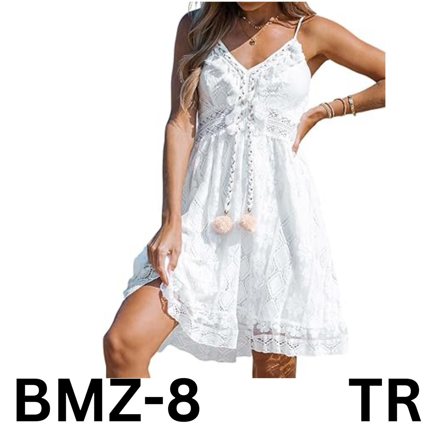CUPSHE Women's Lace Dresses Boho Tassel V-Neck Flare Ruffle Mini Beach Dress, M
