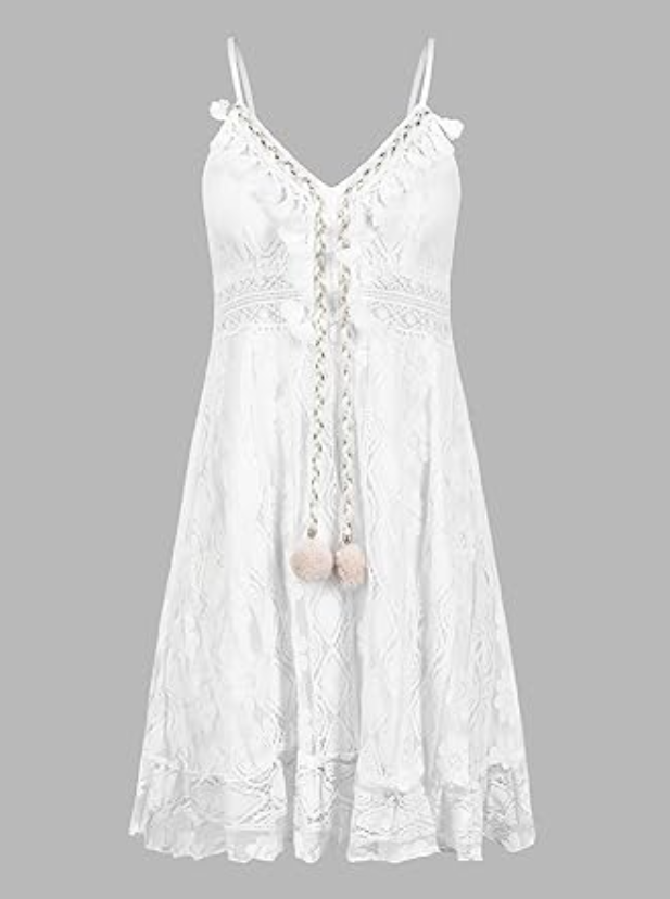 CUPSHE Women's Lace Dresses Boho Tassel V-Neck Flare Ruffle Mini Beach Dress, M
