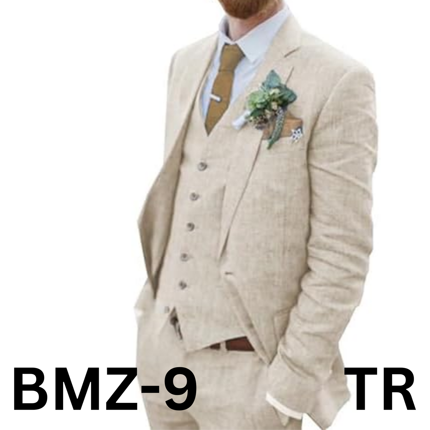 Wehilion Retro Beige Linen Men Suit Notched Lapel Slim Fit Wedding Suit, S