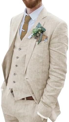Wehilion Retro Beige Linen Men Suit Notched Lapel Slim Fit Wedding Suit, S