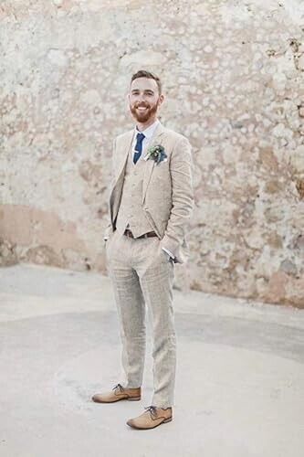 Wehilion Retro Beige Linen Men Suit Notched Lapel Slim Fit Wedding Suit, S