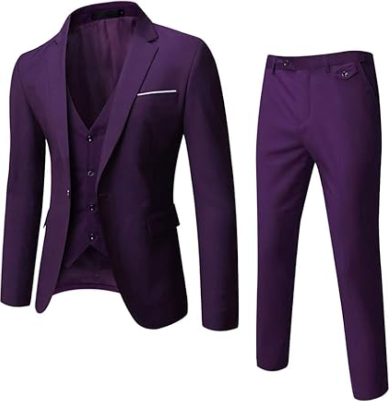 WULFUL Men's Suit Slim Fit One Button 3-Piece Suit Blazer Dress, Purple, 3XL
