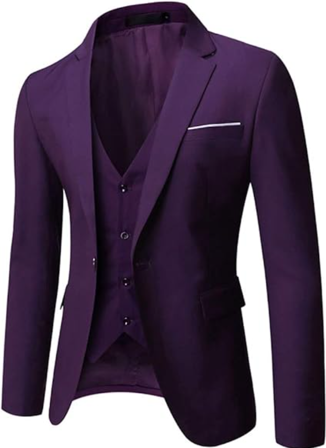WULFUL Men's Suit Slim Fit One Button 3-Piece Suit Blazer Dress, Purple, 3XL