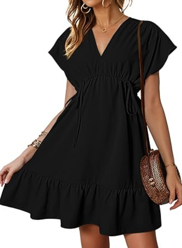 Dokotoo Womens Summer Dresses 2024 Short Sleeve V-Neck Drawstring Casual Dress L